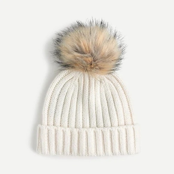 J. Crew Ribbed Knit Beanie Pom Pom Hat Cream NWT